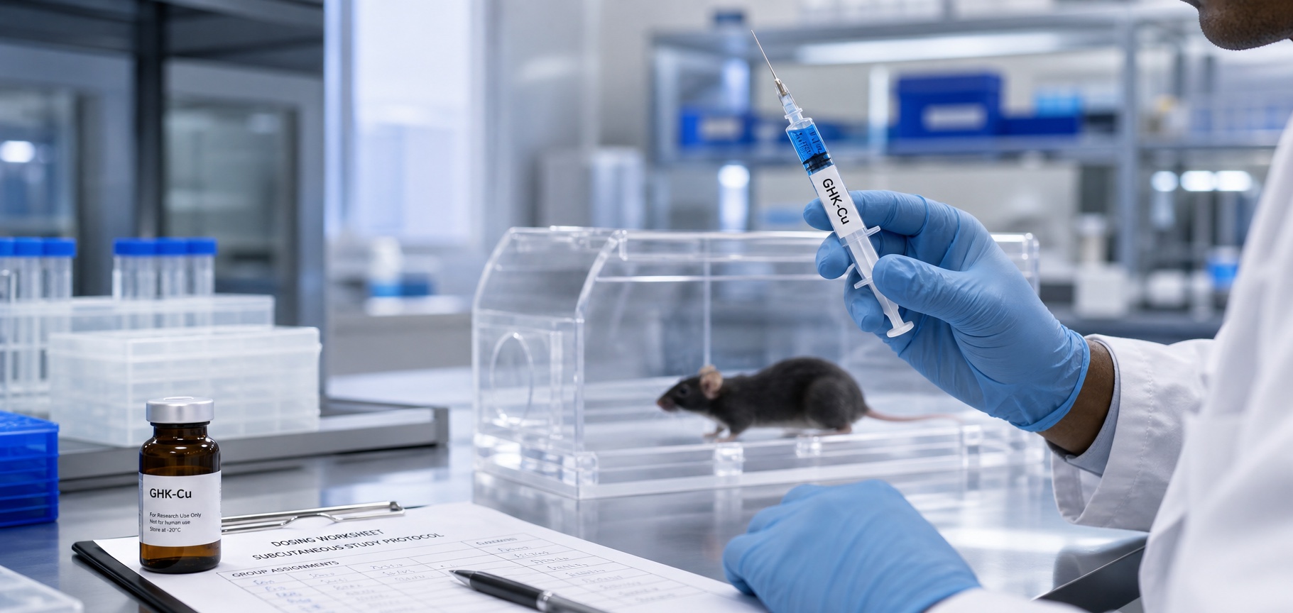 Gloved researcher holding a syringe with blue GHK-Cu solution near a mouse study setup